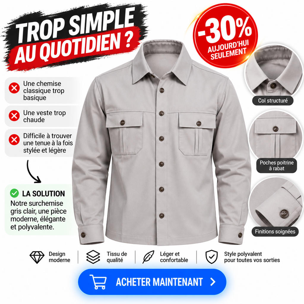 🧥 SURCHEMISE HOMME PREMIUM Gris clair — -30%