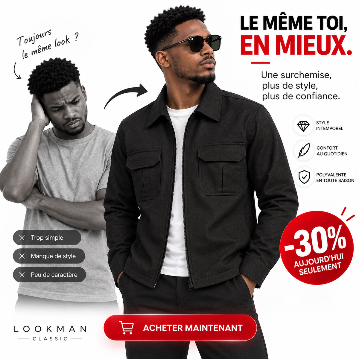 🖤 SURCHEMISE Noir ZIP HOMME — -30%